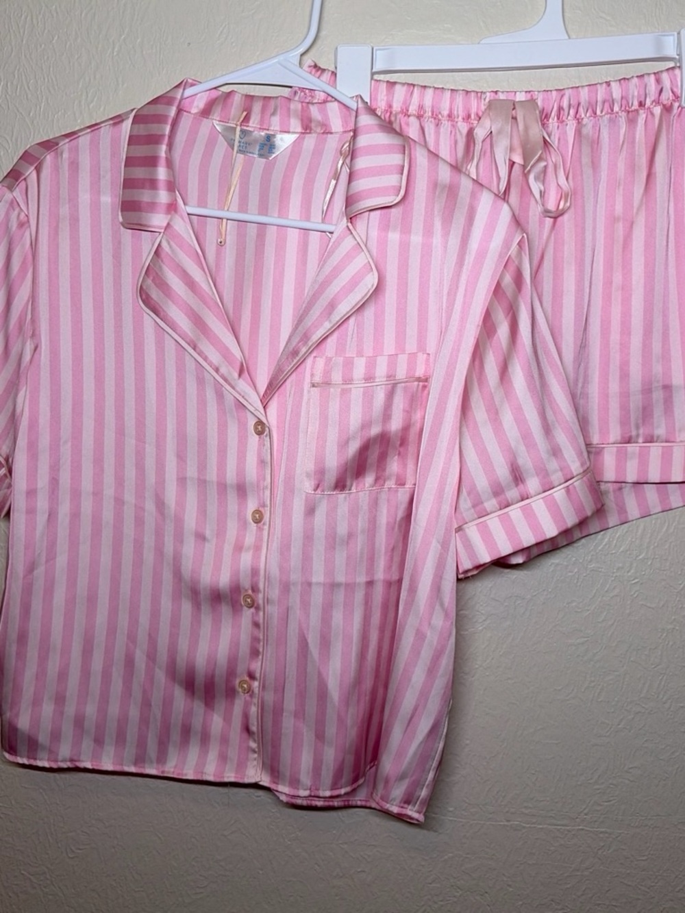 Primark Pink & White Striped Satin Short Sleeve Pajama Set
